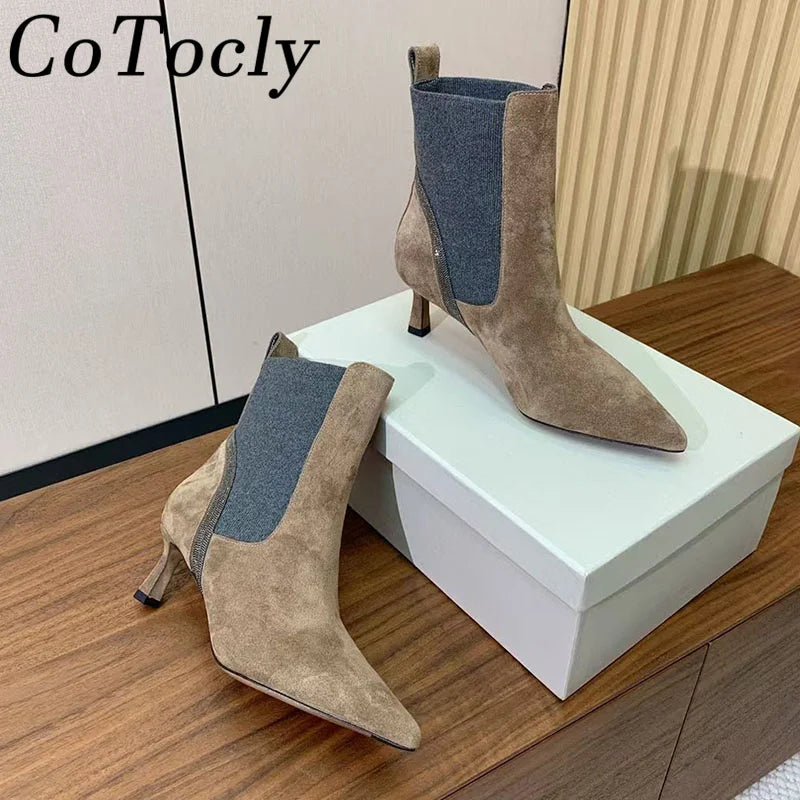 Pointed Toe Kitten Heel Suede Ankle Boots For Women
