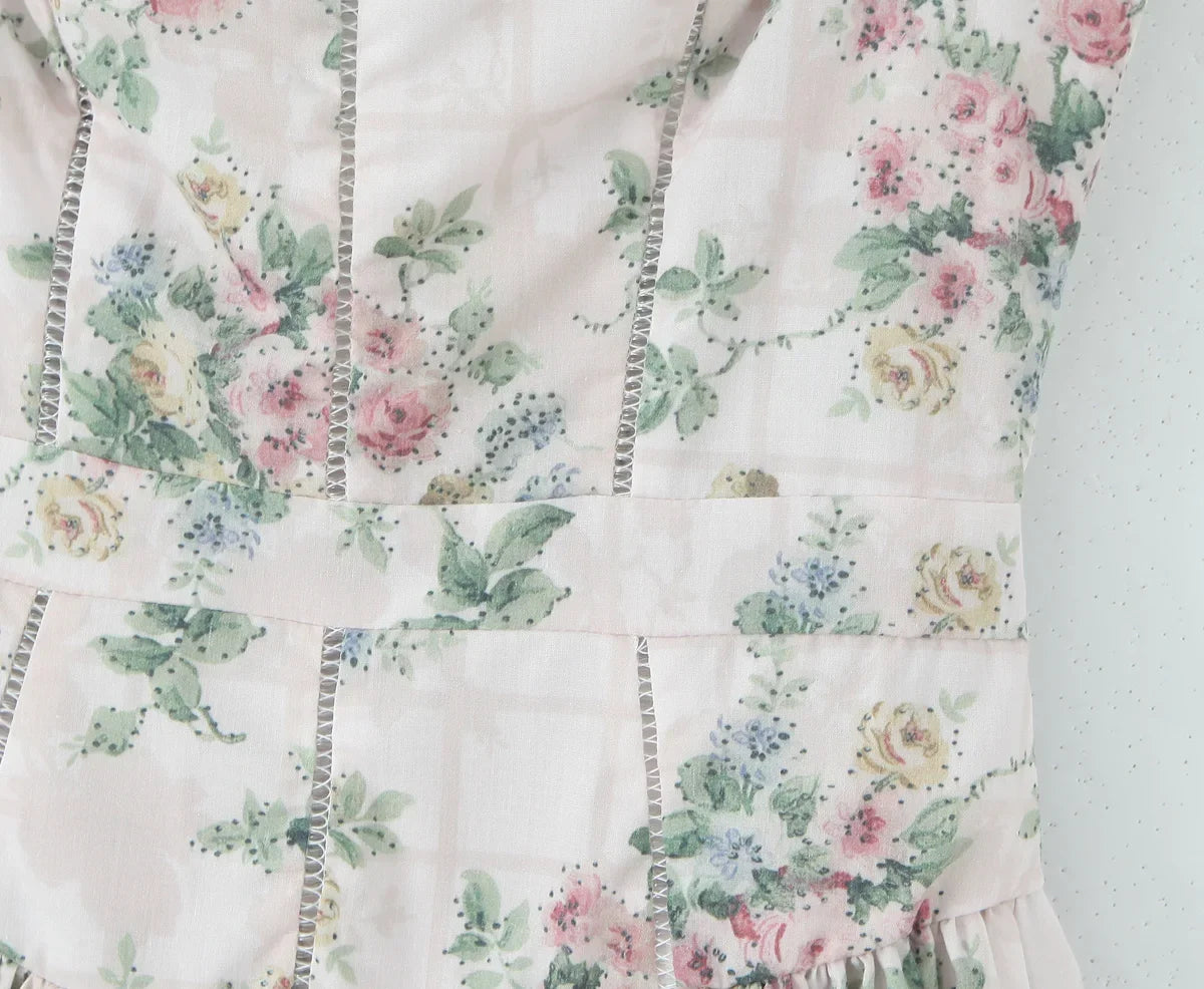 Vintage Boho Floral Print Maxi Dress with Ruffles for Women