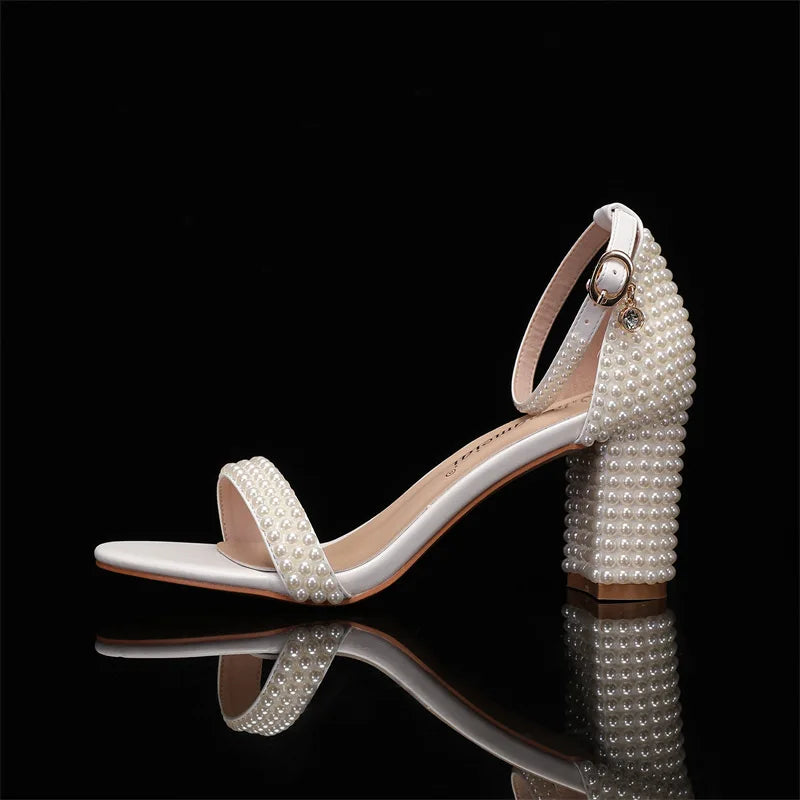 Elegant Pearl Beaded Mesh Bowknot Sandals for Women