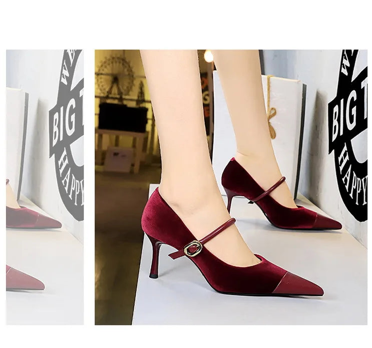 Suede Buckle Strap Pointed Toe Stiletto Pumps for Women