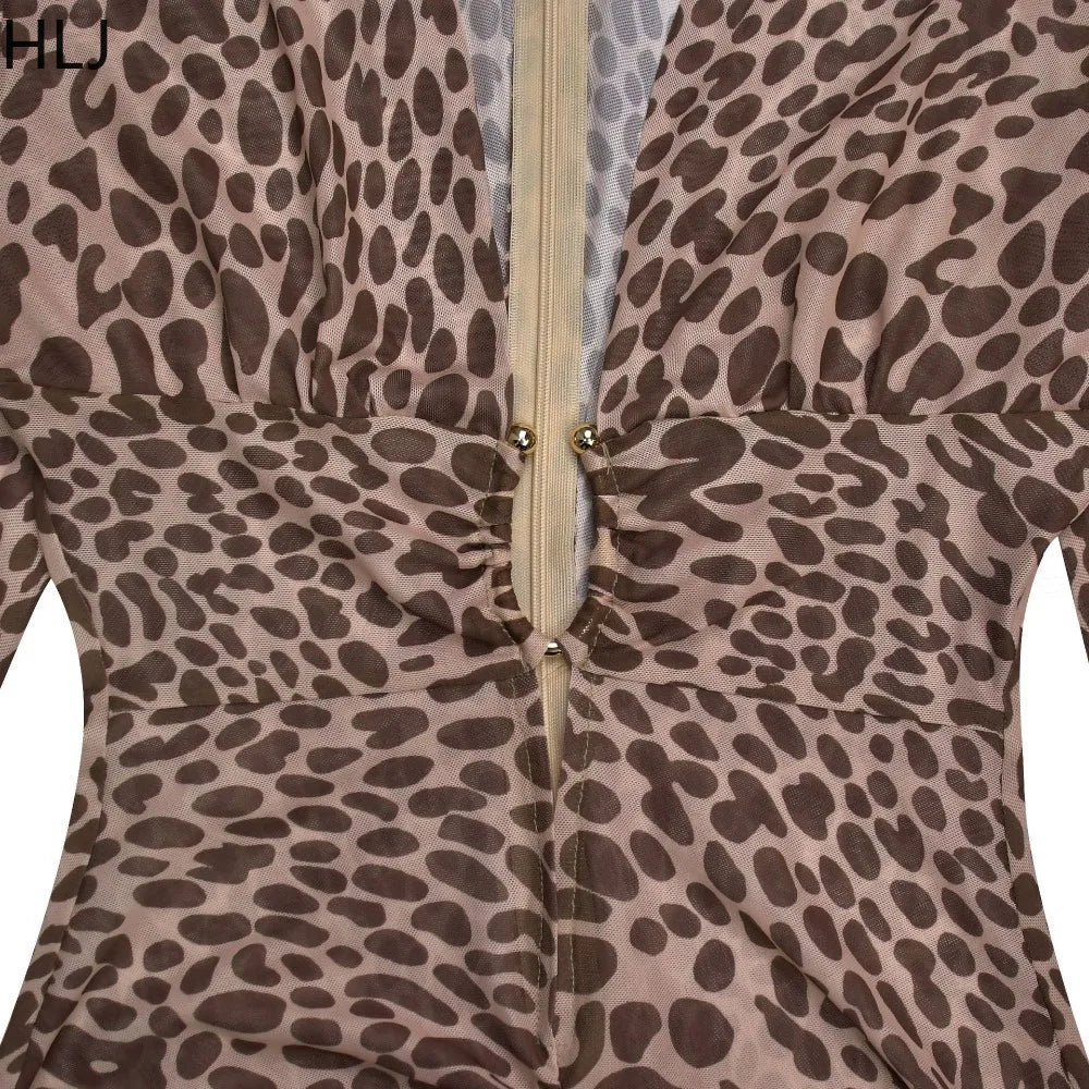Leopard Print Deep V Neck High Slit Maxi Dress for Women