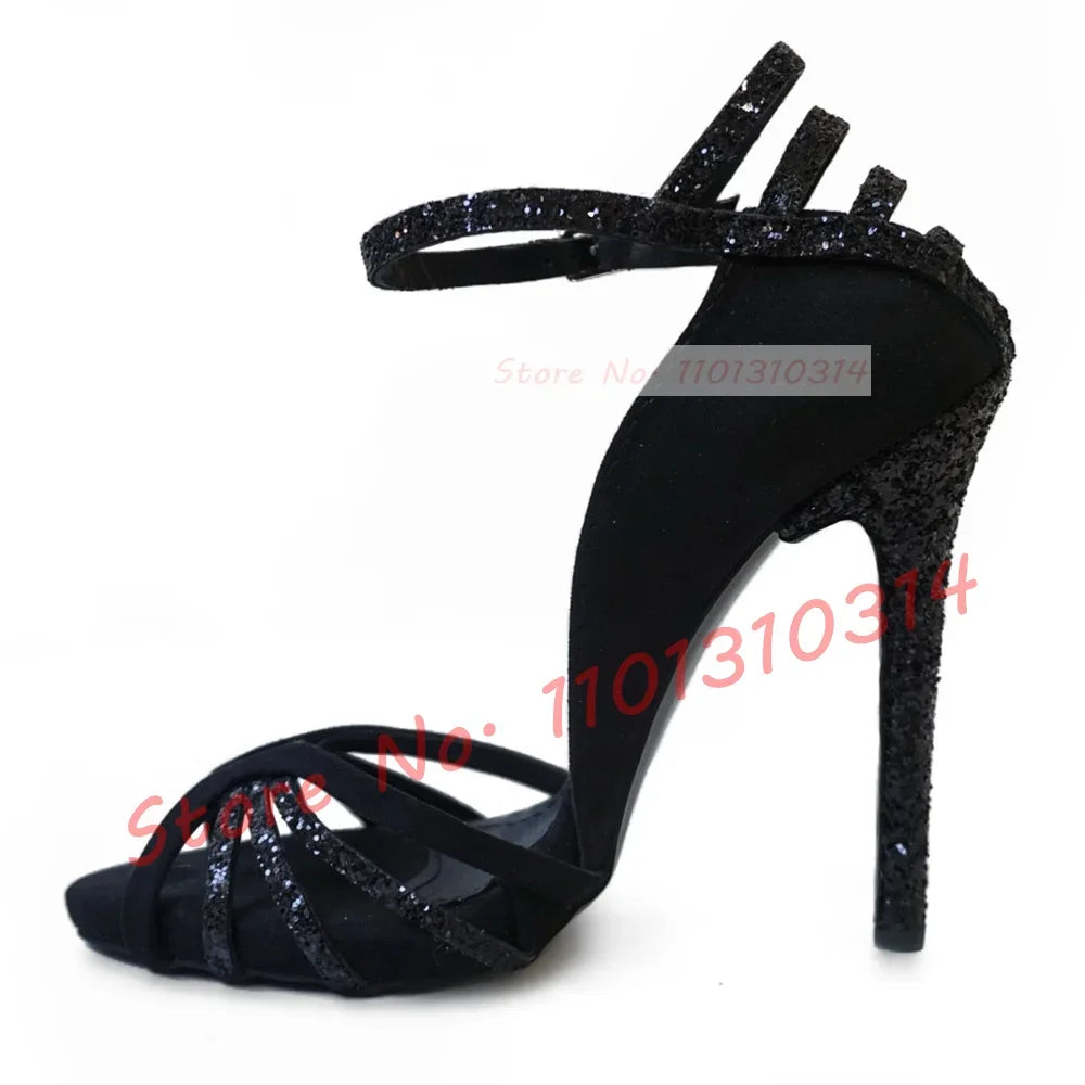 Fuchsia Suede Glitter Cross Strap Sandals for Women