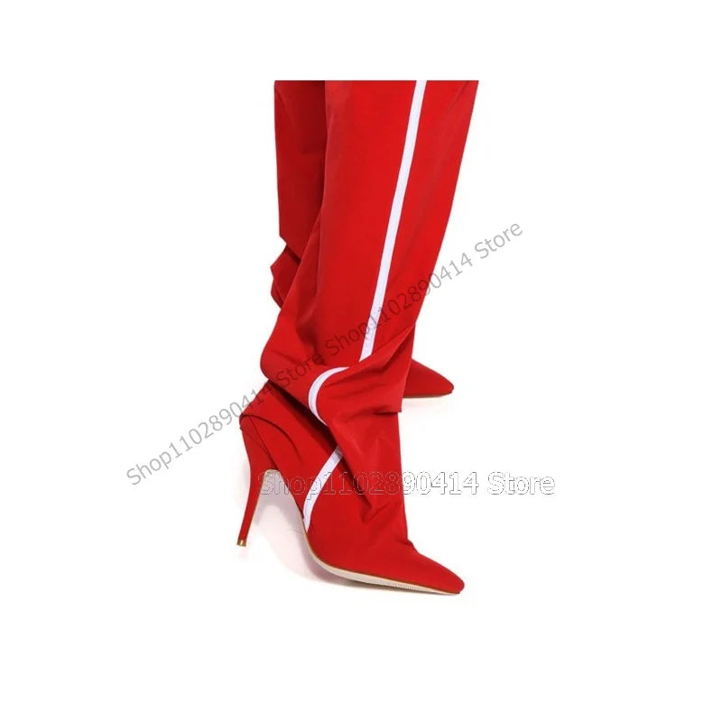 Multi Color Striped Pointed Toe High Stiletto Pant Boots For Women