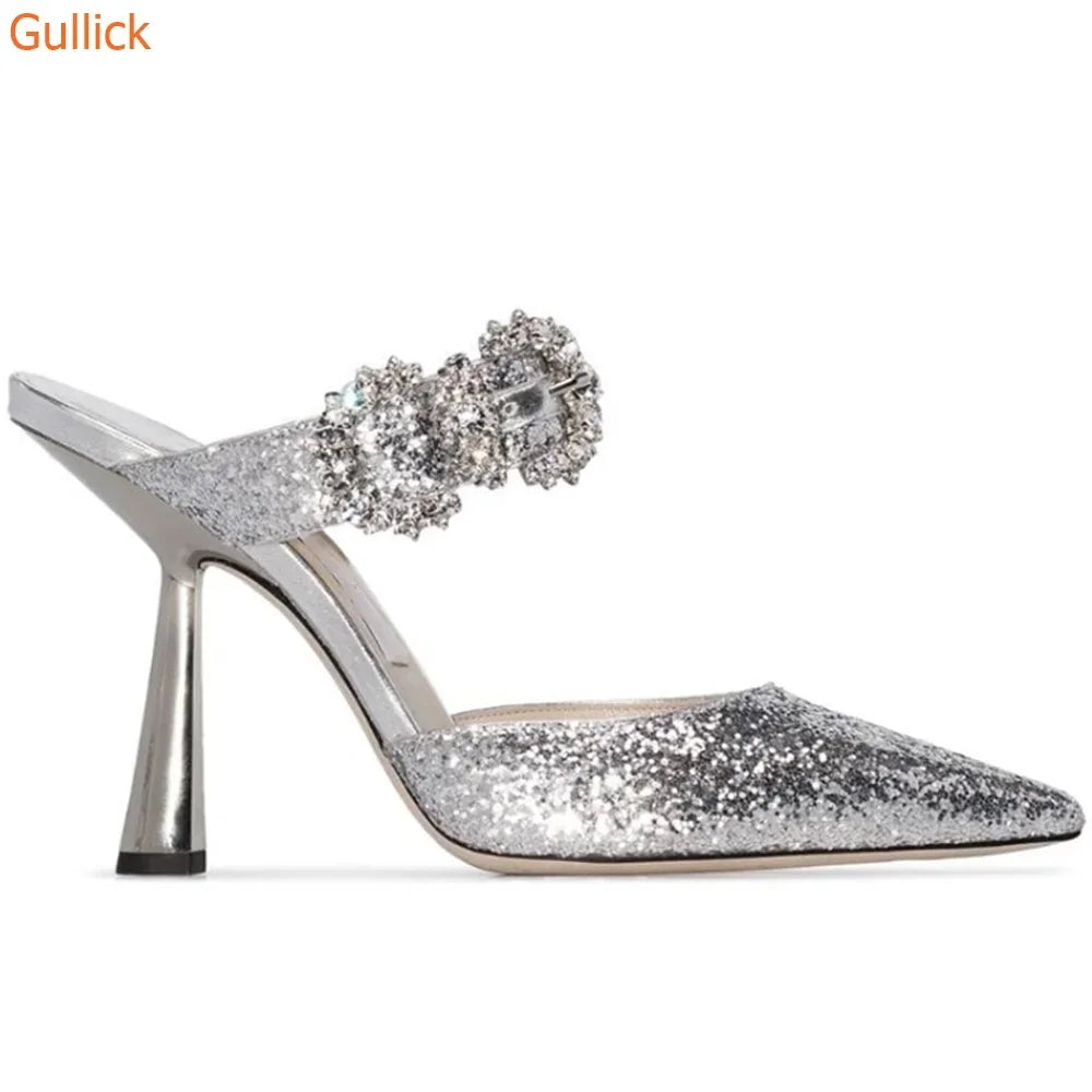 Elegant Glitter Pointed Toe Sandals With Ankle Strap For Women