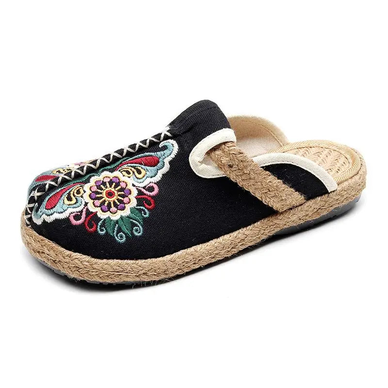 Embroidered Floral Retro Handmade Slides for Women