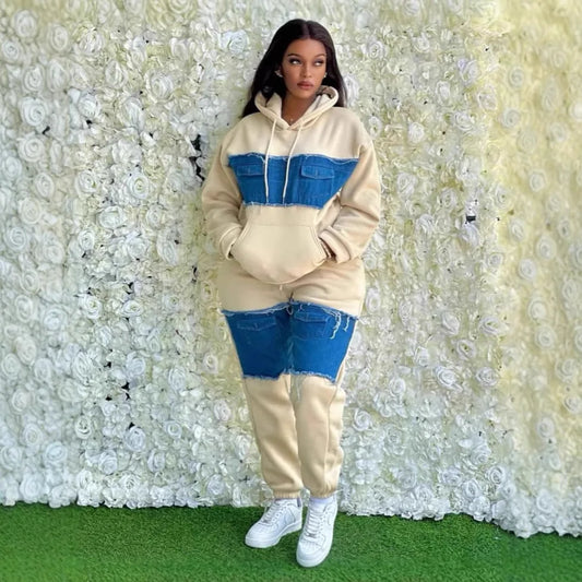 Pants Set Women Two Piece Sets Hooded Matching Sets Sweatshirts Long Pants High Waist Denim Splice Y2k Casual Jogger 2025