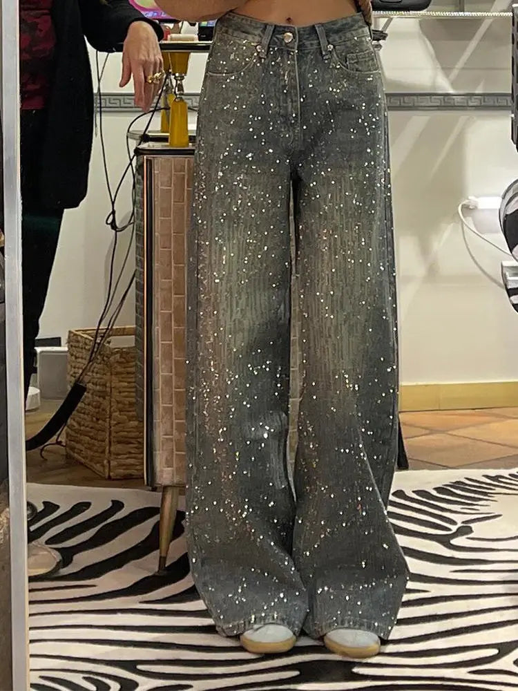 American Fashion Rhinestone Straight Leg Wide Jeans Trendy Vintage Loose Jeans Harajuku Style Hip Hop Pants Baggy Jeans Women