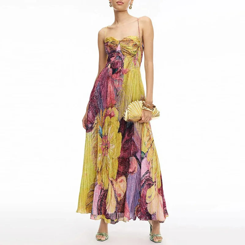 Elegant Floral Print Pleated Floor Length Dress For Women
