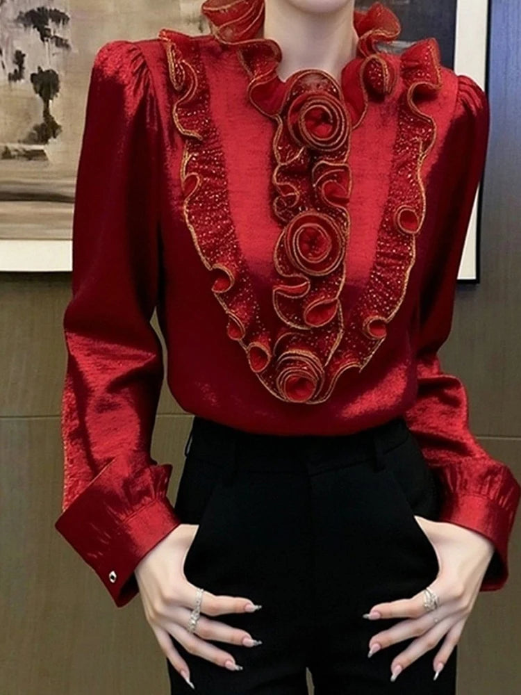 French Inspired Red Scalloped Edge Casual Top for Women
