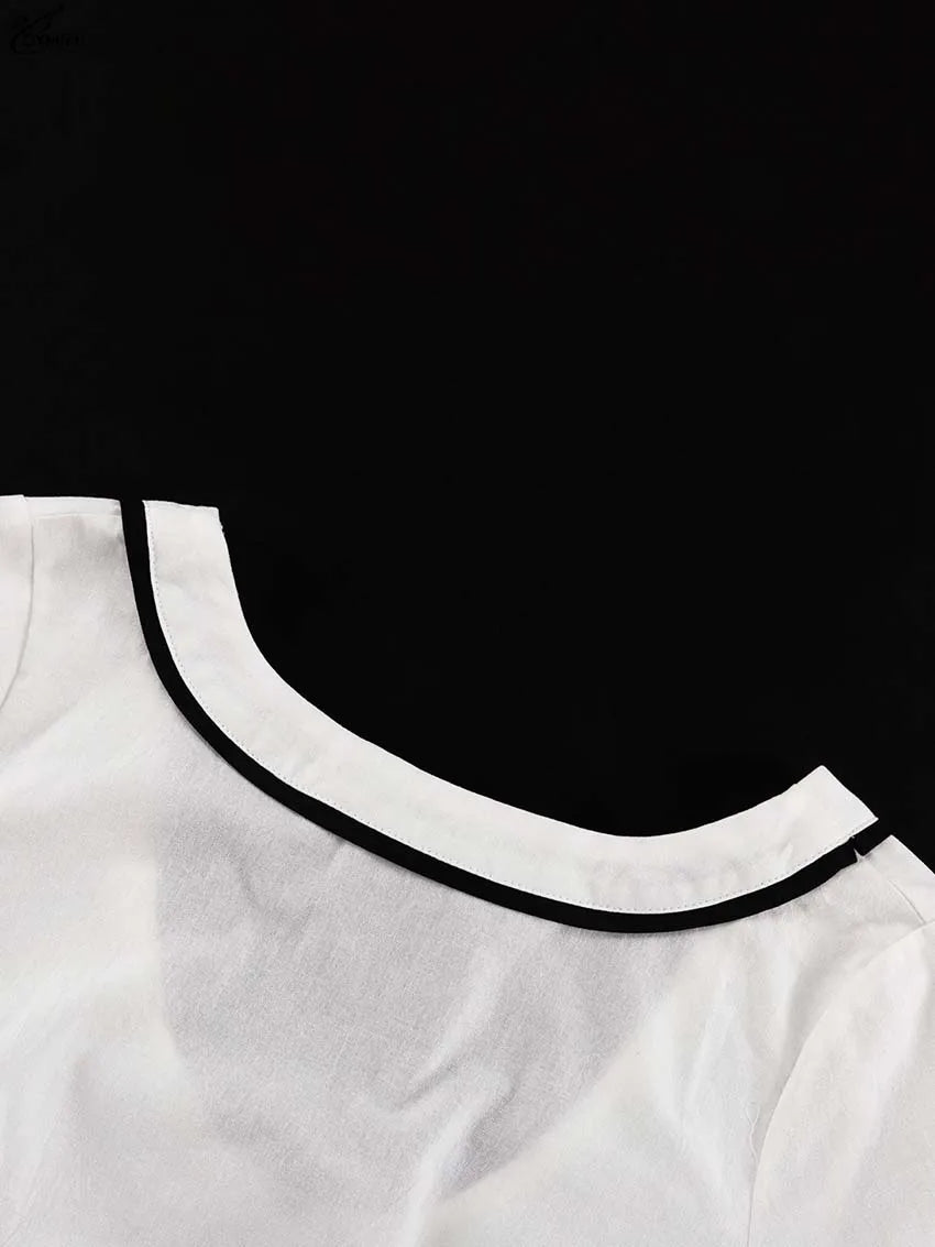 Oymimi Fashion White Cotton Two Piece Outfits Woman Elegant O-Neck Patchwork Short Sleeve Open Back Tops And Straight Skirts Set