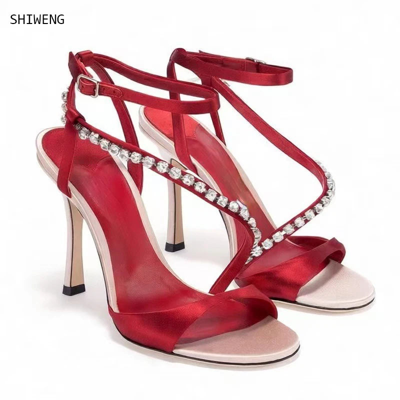 Red Satin Rhinestone Strappy Heels