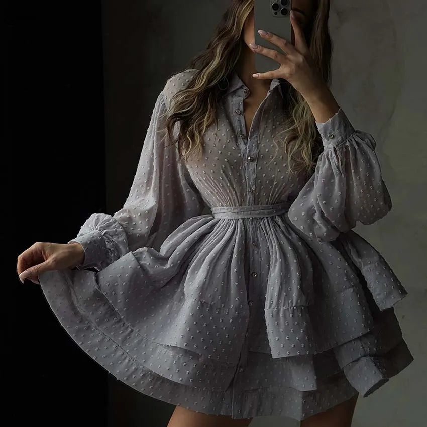 Oymimi Elegant Red Lapel Dresses 2025 Woman Casual Long Sleeve Single Breasted Dresses Fashion High Waisted Ruffled Mini Dress