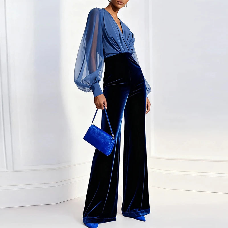 Casual Color Block V Neck Long Sleeve Jumpsuit for Women