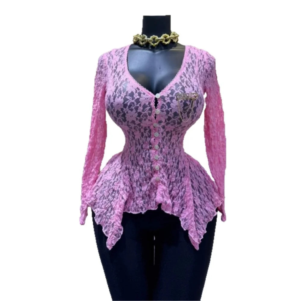 Floral Lace Sheer Button Up Peplum Blouse for Women