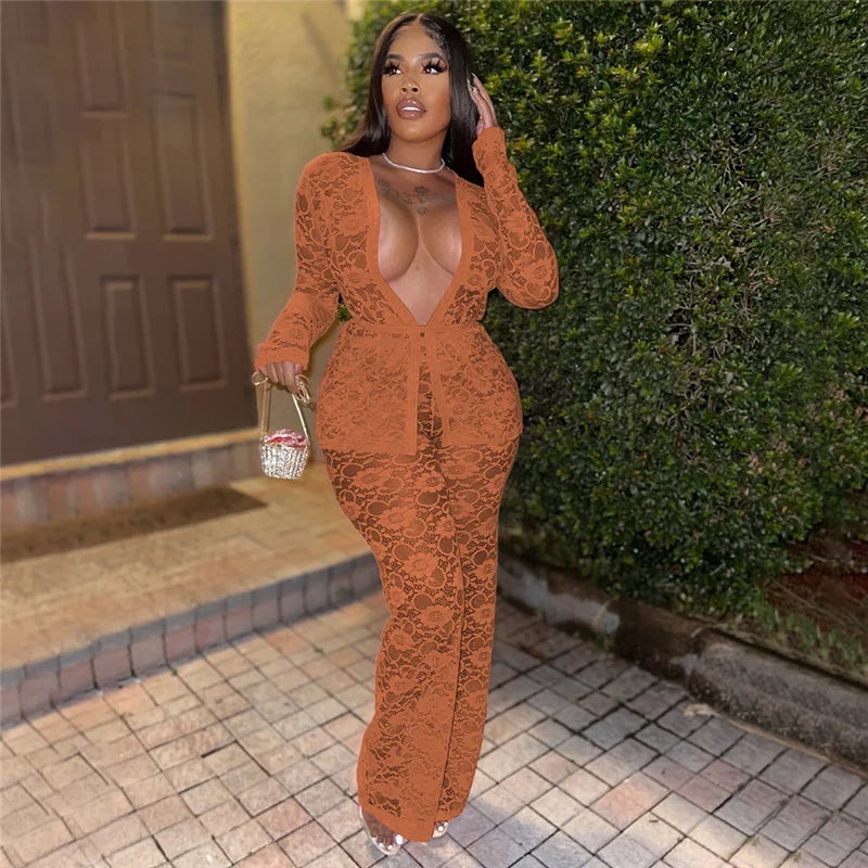 Sexy Lace Sheer Open Stitch Two Piece Set for Women