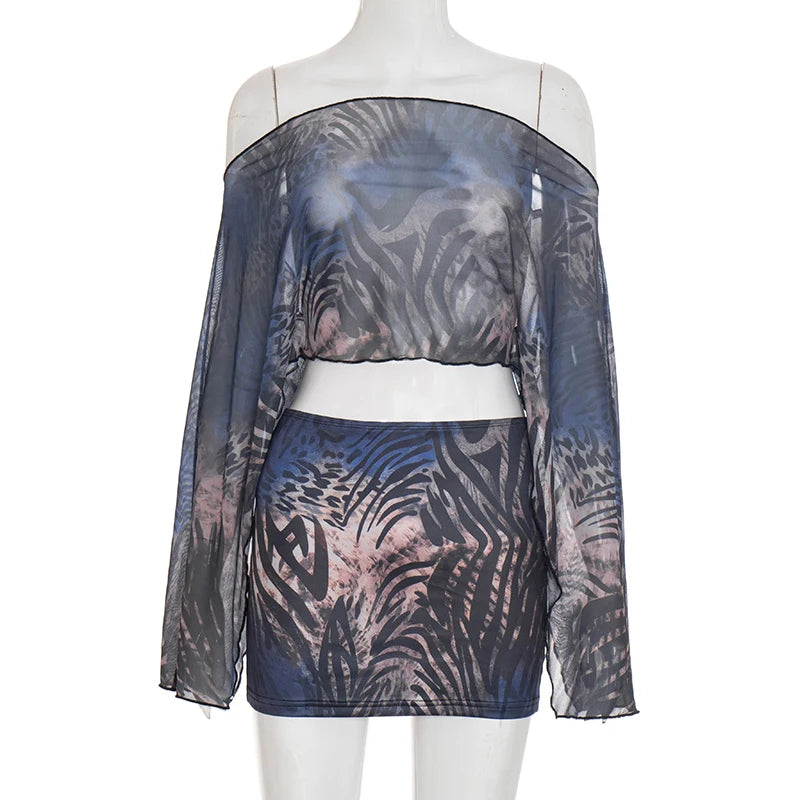 Tiger Striped Mesh Crop Top and Peach Hip Skirt Two Piece Set for Women