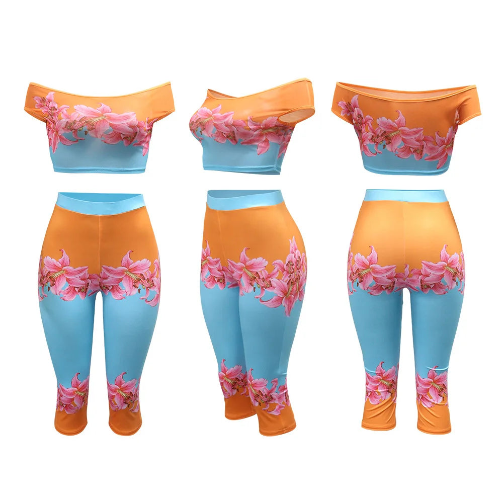 Casual Floral Print Off Shoulder Two Piece Set for Women