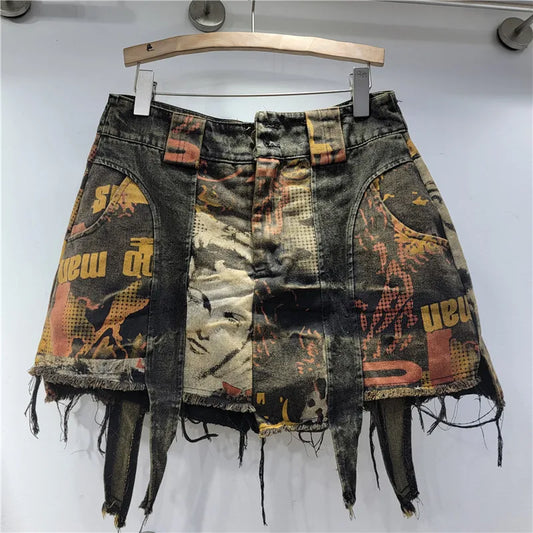 YEAE lady personality trendy cool print old denim skirt foreign style fashion irregular anti-light A word skirt