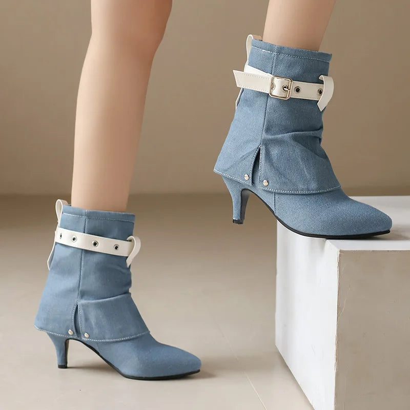 Western Style Denim Autumn Pointy Toe Ankle Boots With Belt Buckle for Women