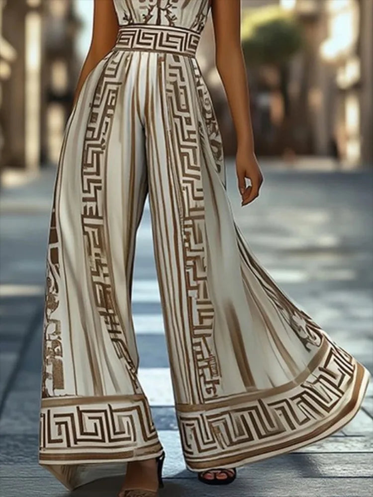 Beautyblue Jumpsuits for Woman Halter Neck Jumpsuit Summer New Fashion Sleeveless Geometric Maze Print One-piece Overalls Female