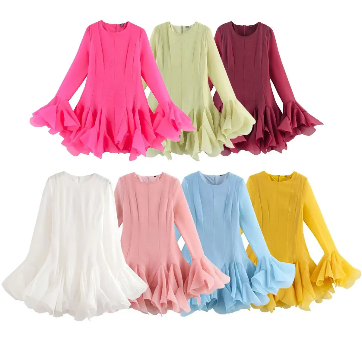 French Style Ruffle Hem Flare Sleeve Mini Dress for Women