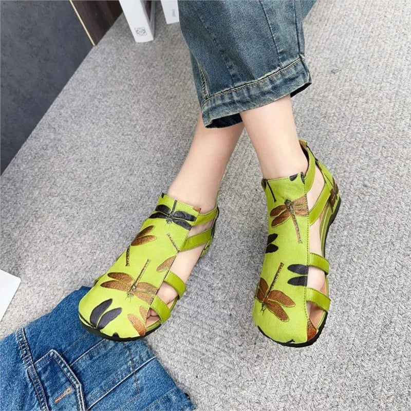 Flat Printed Genuine Leather Roman Sandals for Women