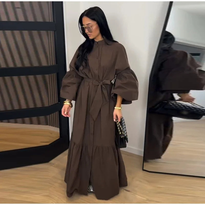 Casual Belted Long Lantern Sleeve Button Dress for Women