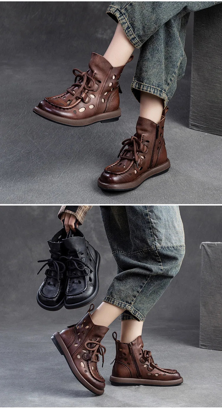 Breathable Hollow-Out Genuine Leather Ankle Boots for Women