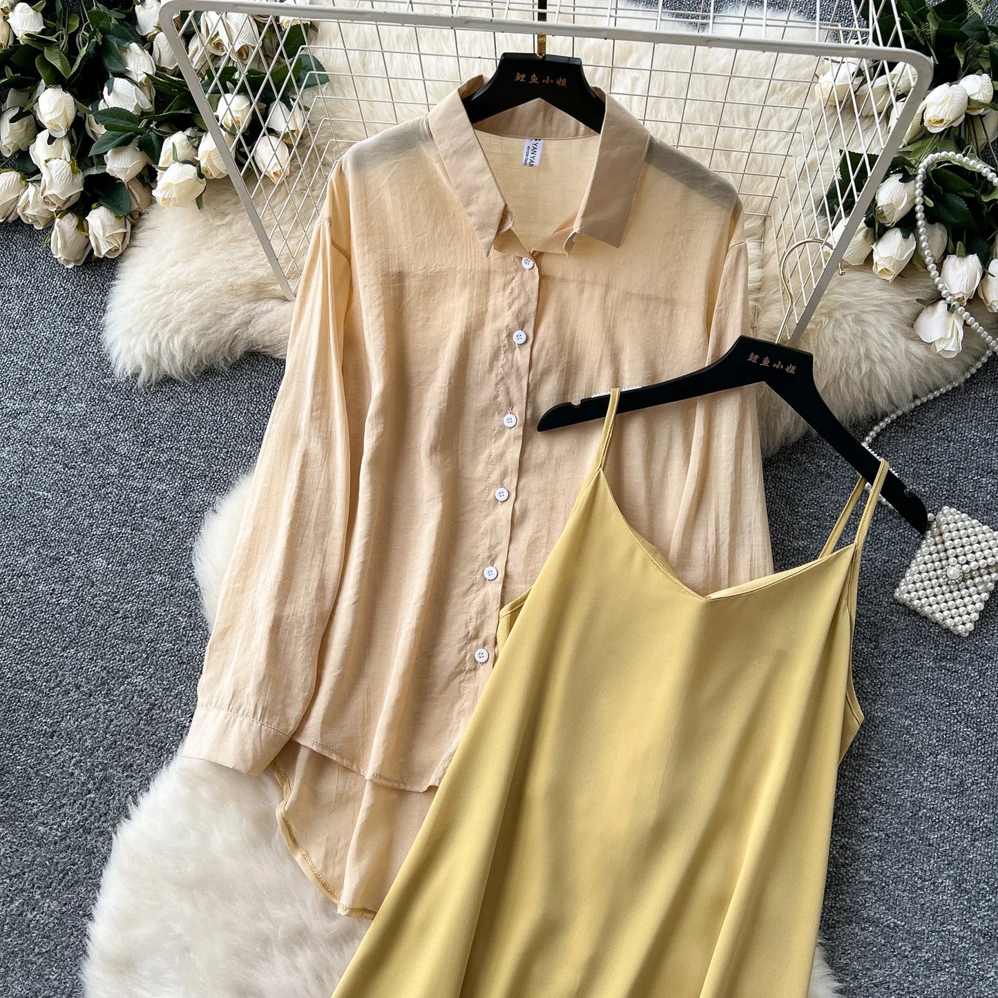 Elegant Long Sleeve Turn Down Collar Solid Color Two Piece Set for Women