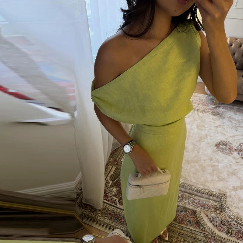 Elegant One Shoulder Side Split Ankle Length Dress for Women