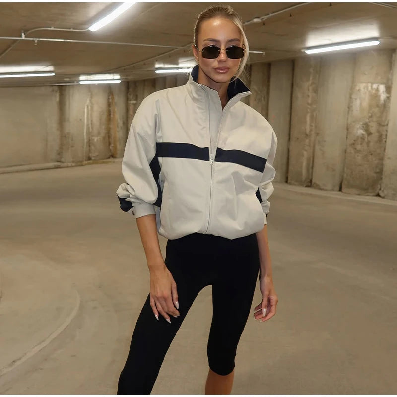Color Block Zip Up Cropped Jacket With Stand Collar For Women