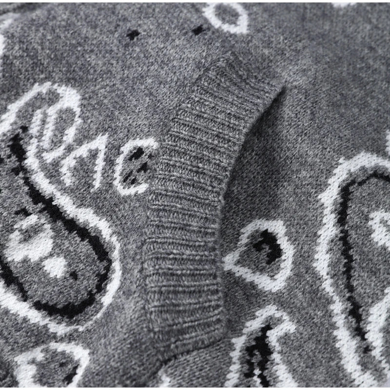 Gray Jacquard Knit Loose Cardigan Long Sleeve Casual for Women