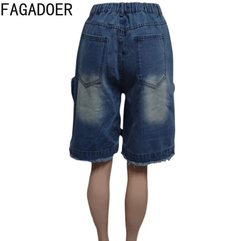 FAGADOER Fashion Pocket Cargo Patchwork Denim Pants Woman Solid Color High Waist Jeans Shorts Female Streetwear Bottoms 2025 New