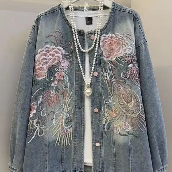 Lightweight Loose Embroidered Denim Jacket for Women