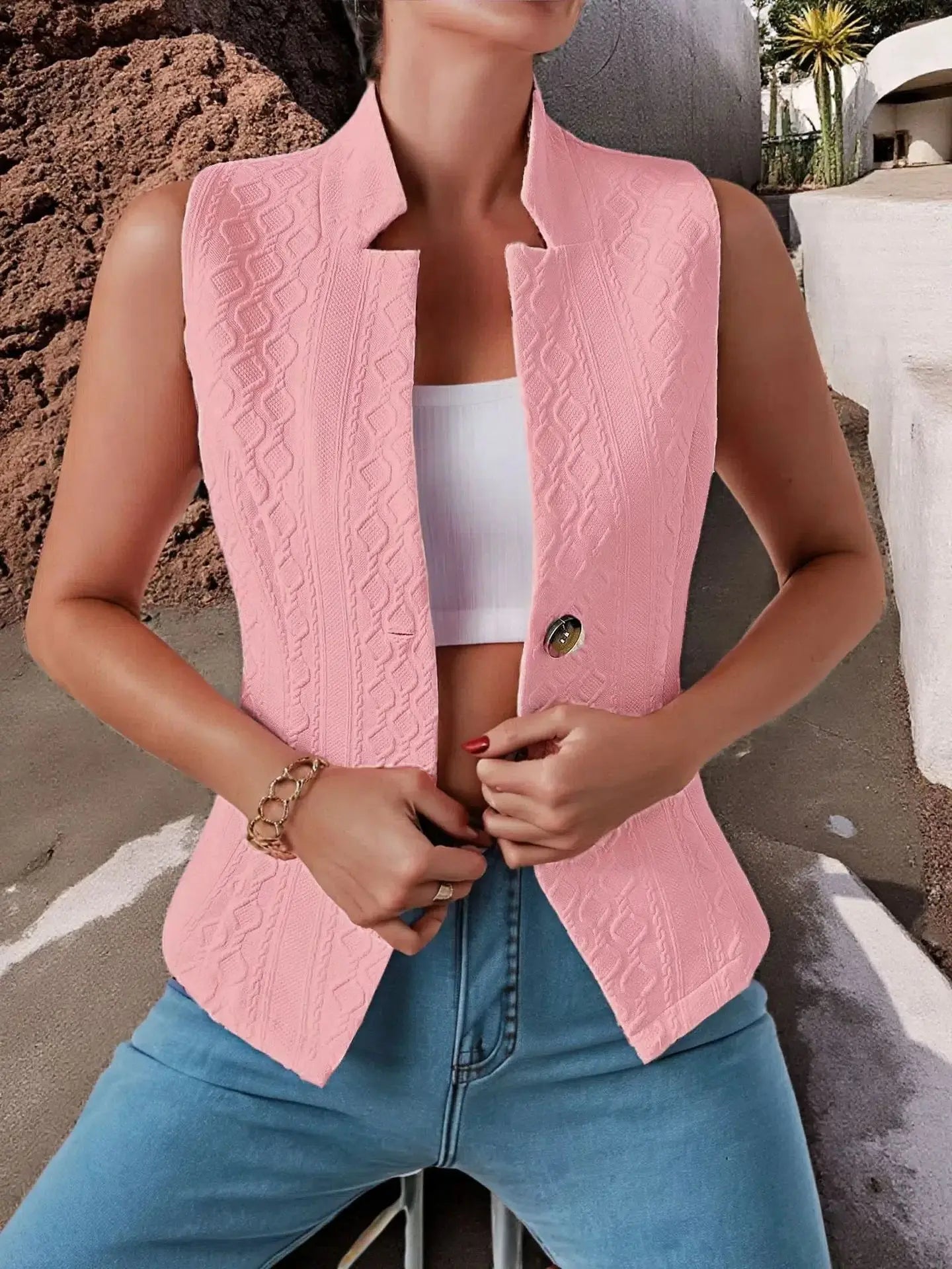 Solid Color Slim Fit Sleeveless Vest With Stand Up Collar for Women