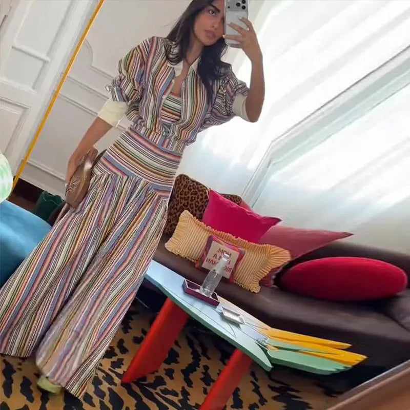 Elegant Multicolor Striped Puff Sleeve Maxi Dress For Women