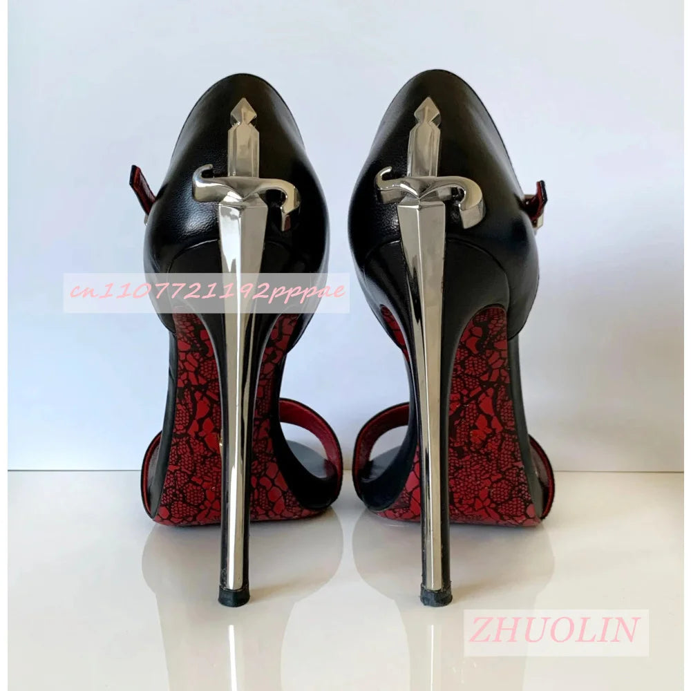 Blue Suede Metallic Sword-Shaped High Heels for Women