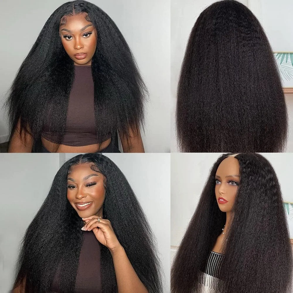 Glueless V Part Kinky Straight Human Hair Wig for Women