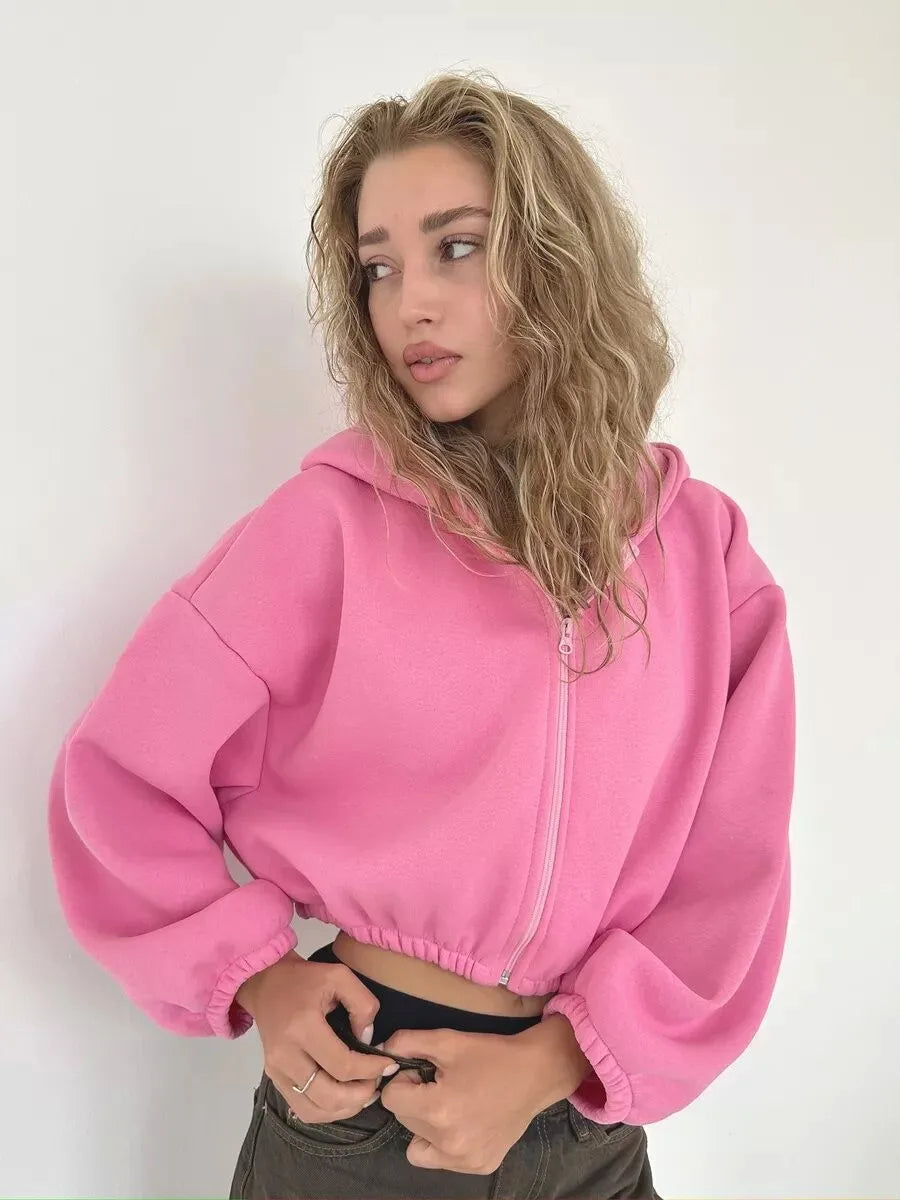 Cropped Zipper Hooded Sweatshirt Jacket With Long Sleeves for Women