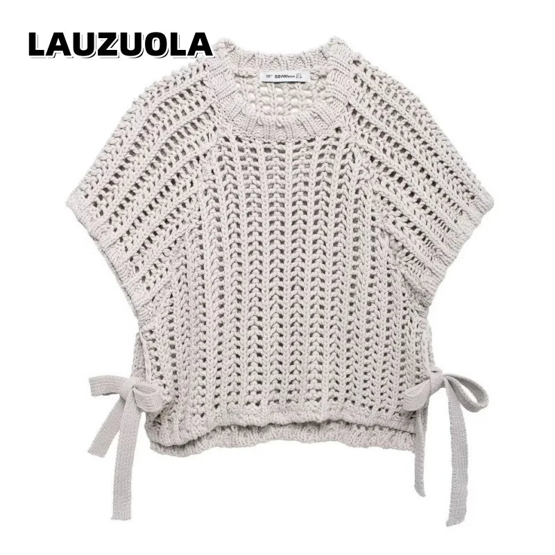 Soft Crochet With Side Bow Short Sleeves Knit Top For Women