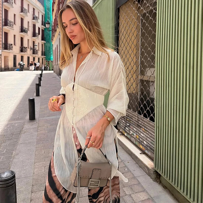 Elegant See-Through Patchwork Long Sleeve Top for Women