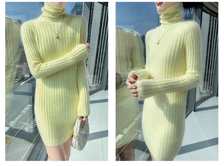 High Neck Slim Fit Stretch Knit Mini Dress for Women