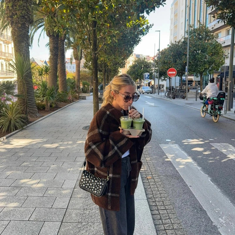 Plaid V-Neck Knit Cardigan With Double Pockets For Women