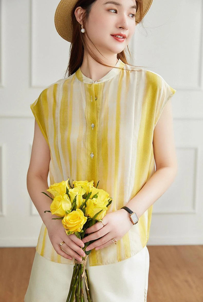 Women's Shirt and Blouse Chiffon Yellow Sleeveless Striped Female Tops Loose Summer Button Up Y2k Fashion Sale of Pretty Xl M