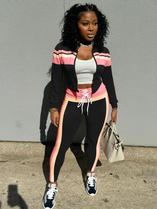Weird Puss Patchwork Women 2Piece Set Tracksuit Sporty Long Sleeve Zip Crop Top+Shirring Leggings Matching Casual Skinny Outfits