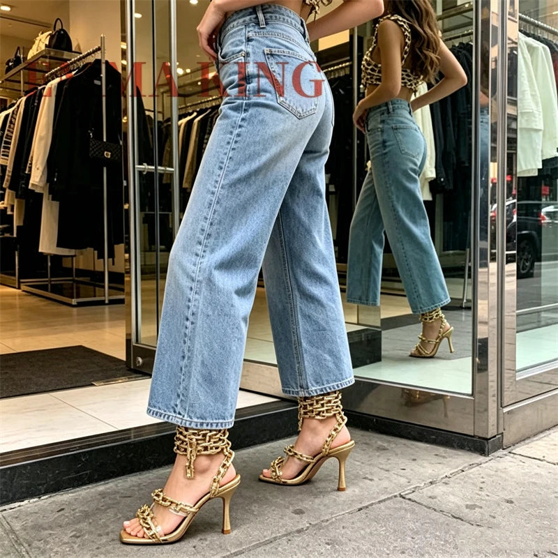 Gold Link Chain Square Toe Strappy Sandals for Women