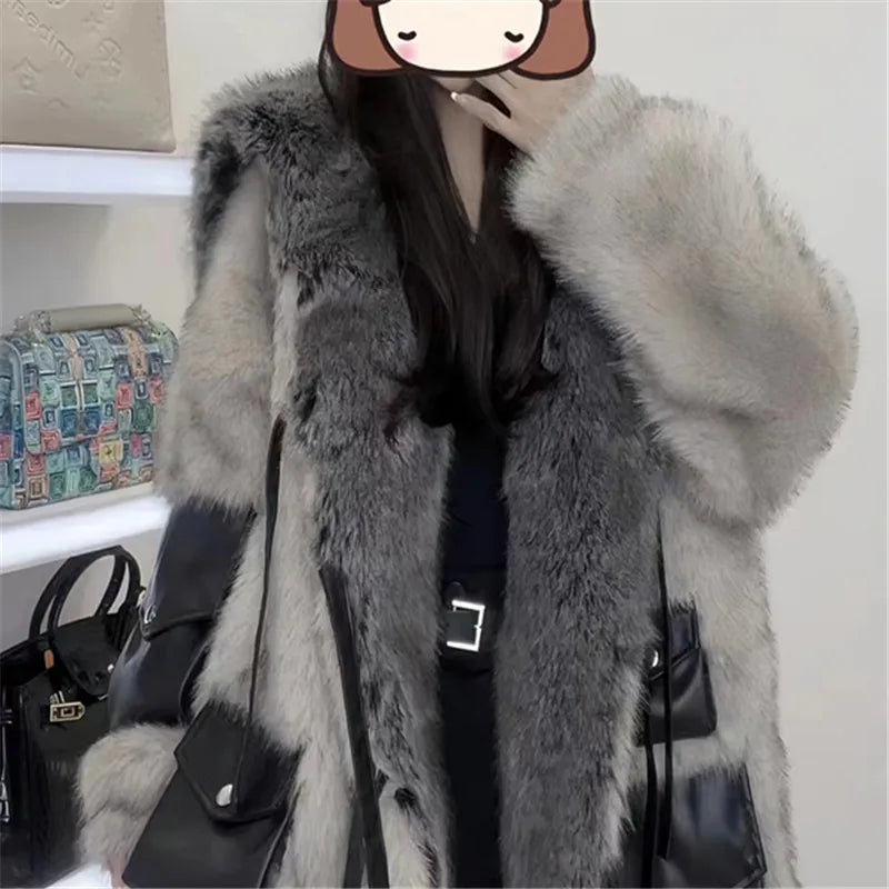 Faux Fur Coat for Women,Spliced Jacket, Lace-up Long Overcoat, Loose Thicken Warm Coat, High Quality, Female Winter, New, 2023