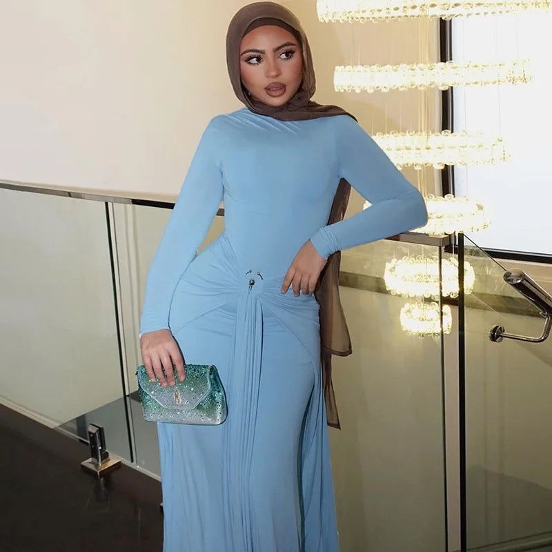 Elegant Solid Buckle Bandage Slim Maxi Dress for Women Autumn Long Sleeve Bodycon Holidays Party Dress Lady Casual Dress