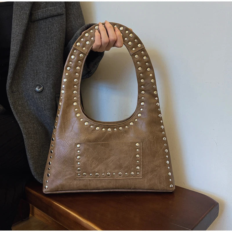 New Rivet Series Bucket Bag Motorcycle Texture Trendy Handbag Tortoise Shell Sequins Versatile Simple Fashion Soft Bag Lady Bag