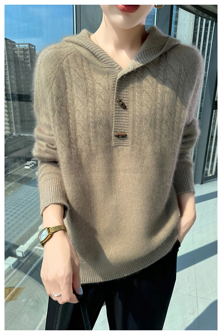 Chunky Knit Loose Hooded Pullover Sweater for Women